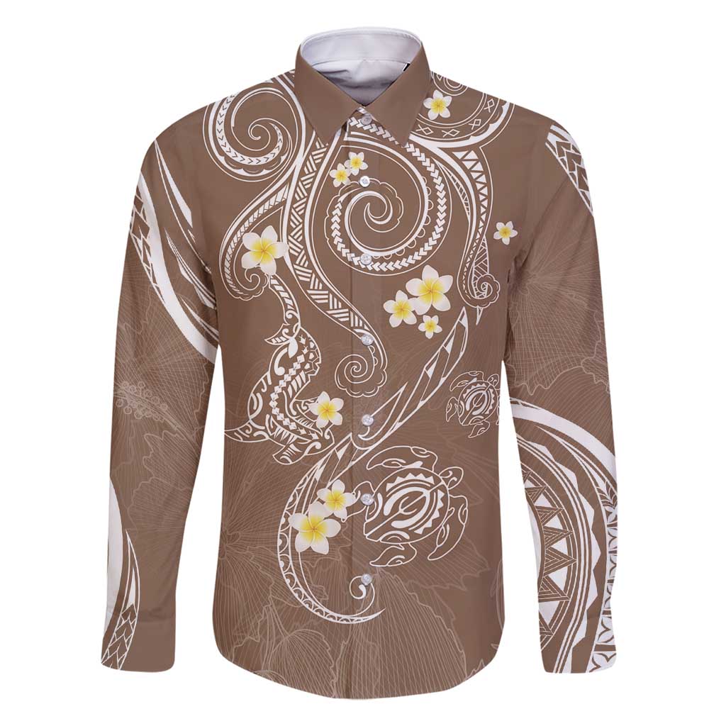 Polynesia Tribal Family Matching Off Shoulder Short Dress and Hawaiian Shirt Mocha Plumeria Tentacles LT7 Dad's Shirt - Long Sleeve Mocha - Polynesian Pride