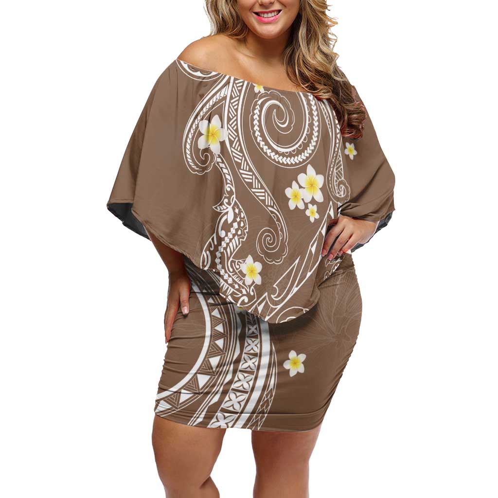 Polynesia Tribal Family Matching Off Shoulder Short Dress and Hawaiian Shirt Mocha Plumeria Tentacles LT7 Mom's Dress Mocha - Polynesian Pride