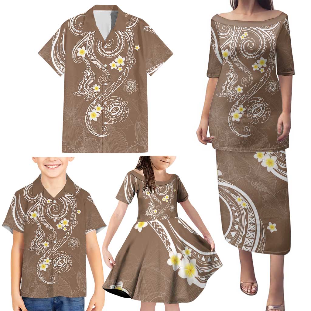 Polynesia Tribal Family Matching Puletasi and Hawaiian Shirt Mocha Plumeria Tentacles