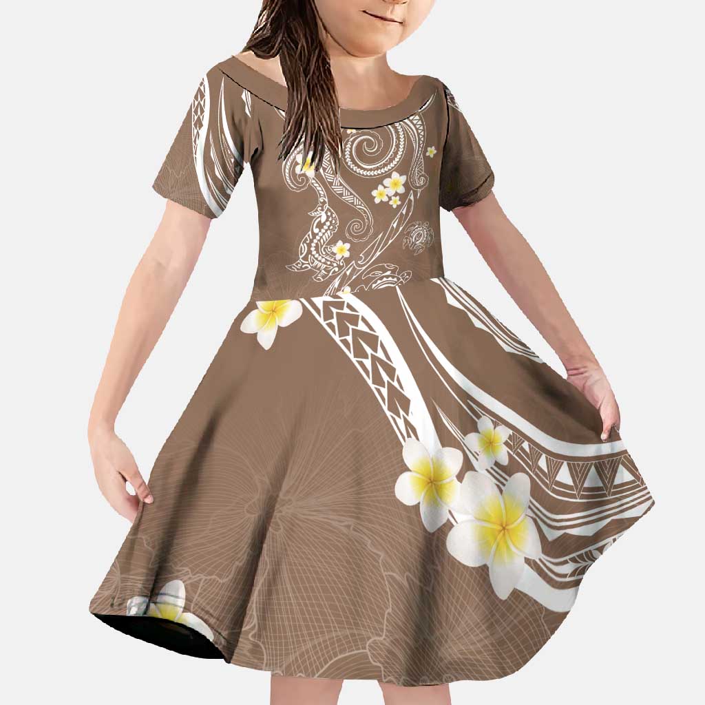 Polynesia Tribal Family Matching Short Sleeve Bodycon Dress and Hawaiian Shirt Mocha Plumeria Tentacles LT7 Daughter's Dress Mocha - Polynesian Pride