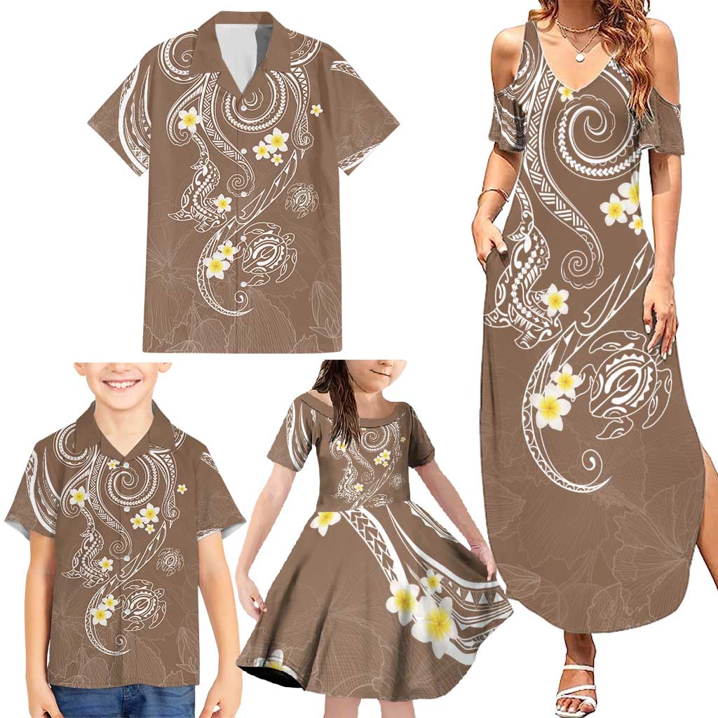 Polynesia Tribal Family Matching Summer Maxi Dress and Hawaiian Shirt Mocha Plumeria Tentacles
