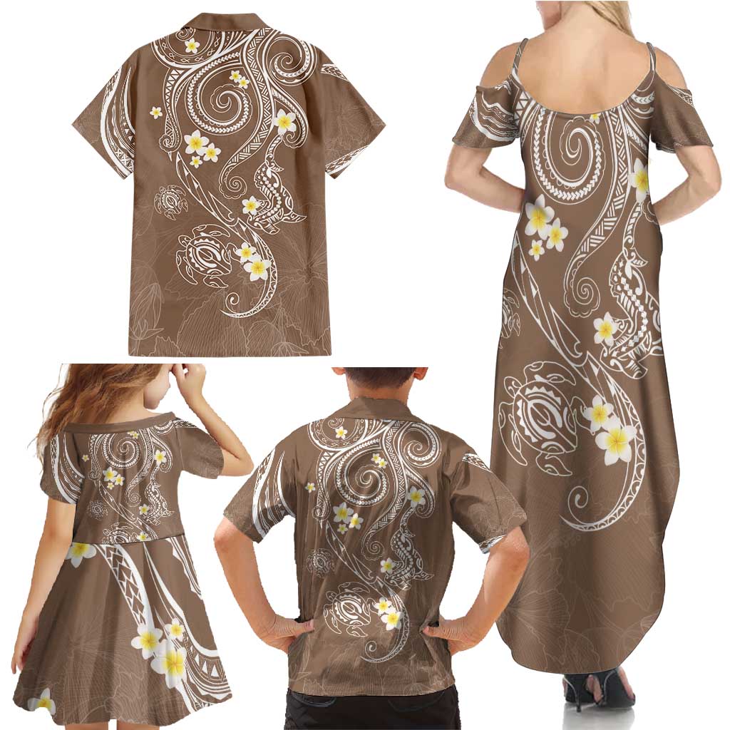 Polynesia Tribal Family Matching Summer Maxi Dress and Hawaiian Shirt Mocha Plumeria Tentacles