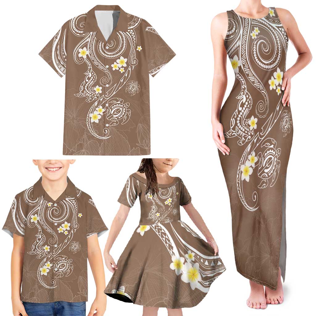Polynesia Tribal Family Matching Tank Maxi Dress and Hawaiian Shirt Mocha Plumeria Tentacles