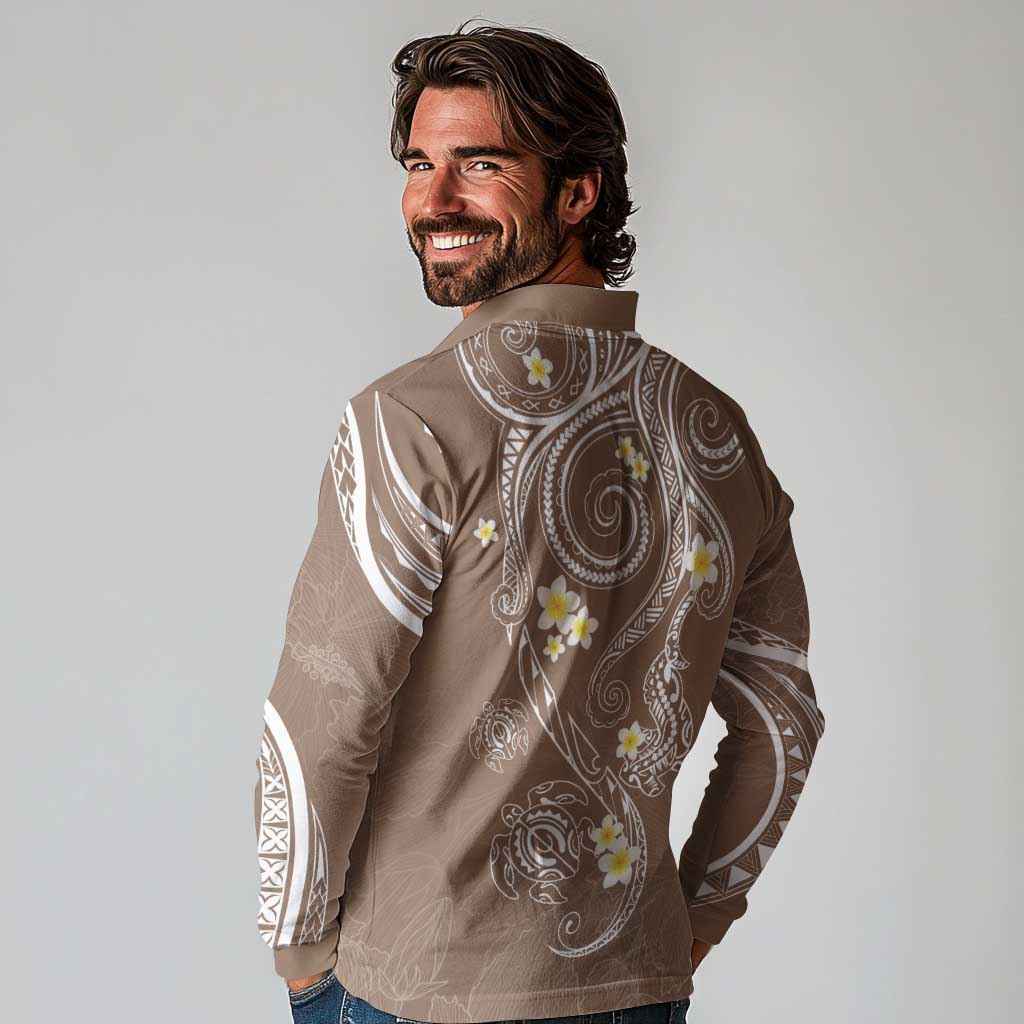 Polynesia Tribal Long Sleeve Polo Shirt Mocha Plumeria Tentacles