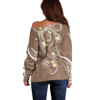 Polynesia Tribal Off Shoulder Sweater Mocha Plumeria Tentacles