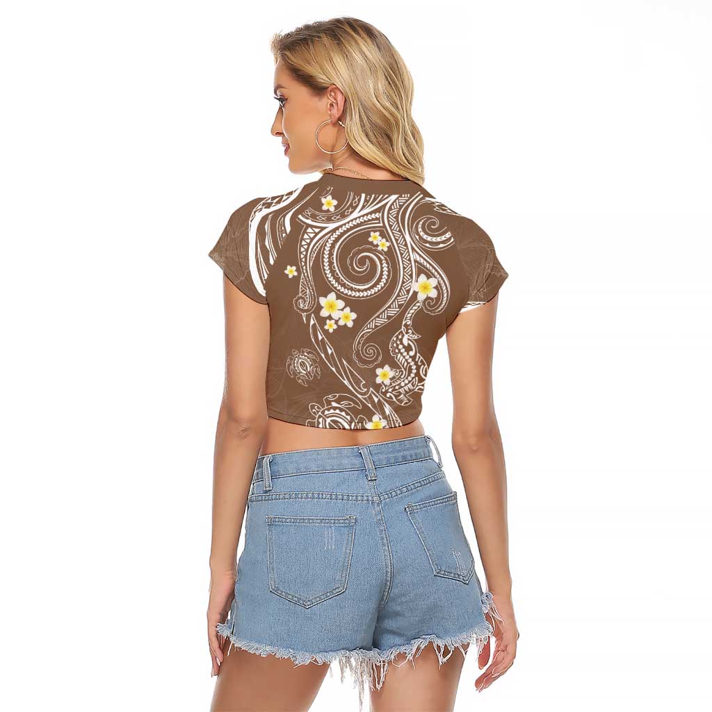 Polynesia Tribal Raglan Cropped T Shirt Mocha Plumeria Tentacles