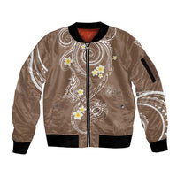 Polynesia Tribal Sleeve Zip Bomber Jacket Mocha Plumeria Tentacles