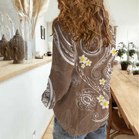 Polynesia Tribal Women Casual Shirt Mocha Plumeria Tentacles