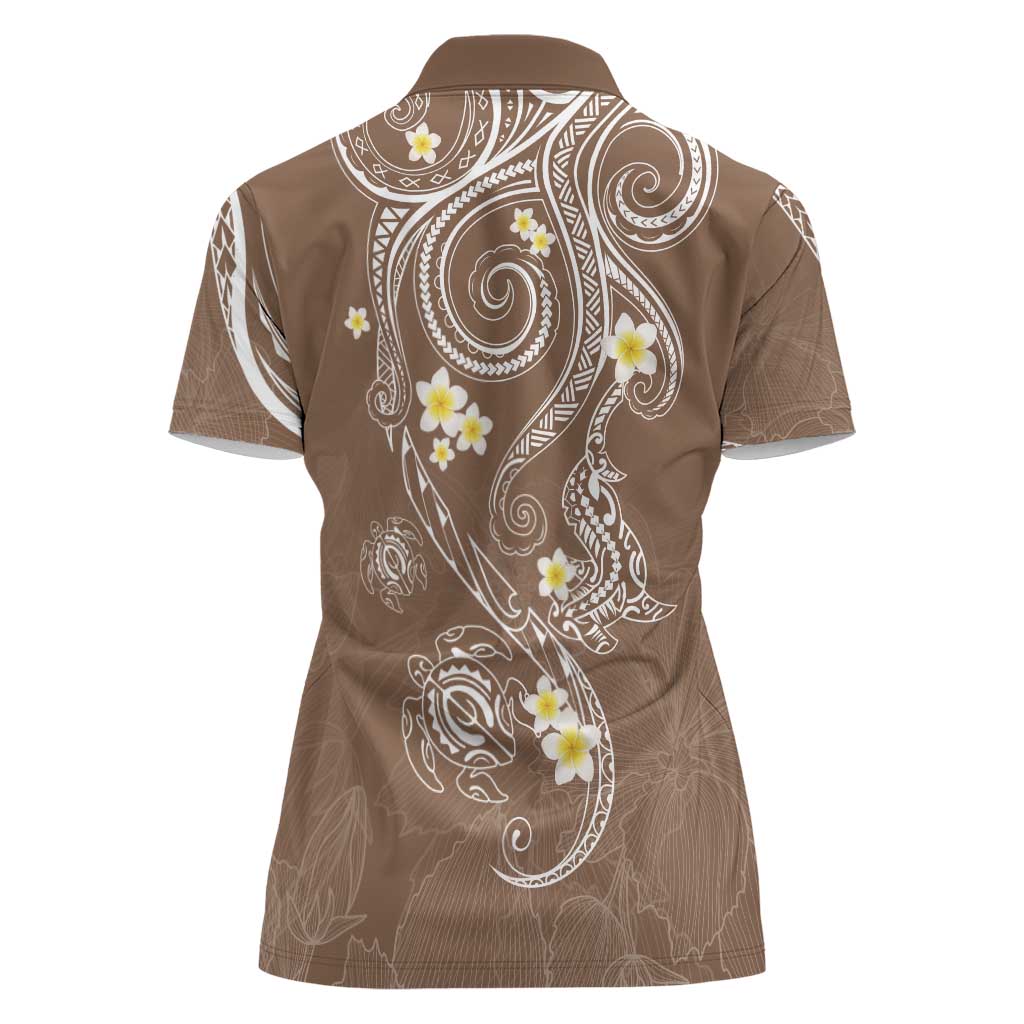 Polynesia Tribal Women Polo Shirt Mocha Plumeria Tentacles