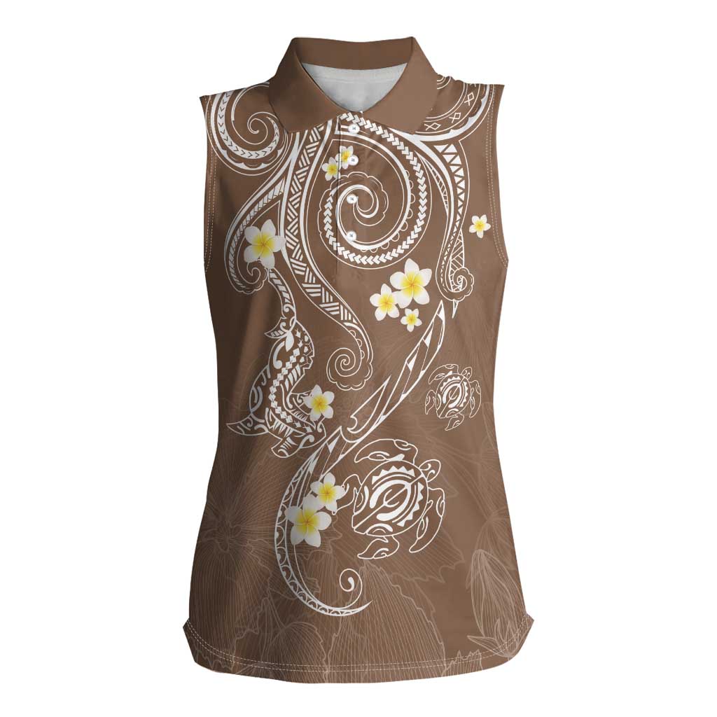 Polynesia Tribal Women Sleeveless Polo Shirt Mocha Plumeria Tentacles