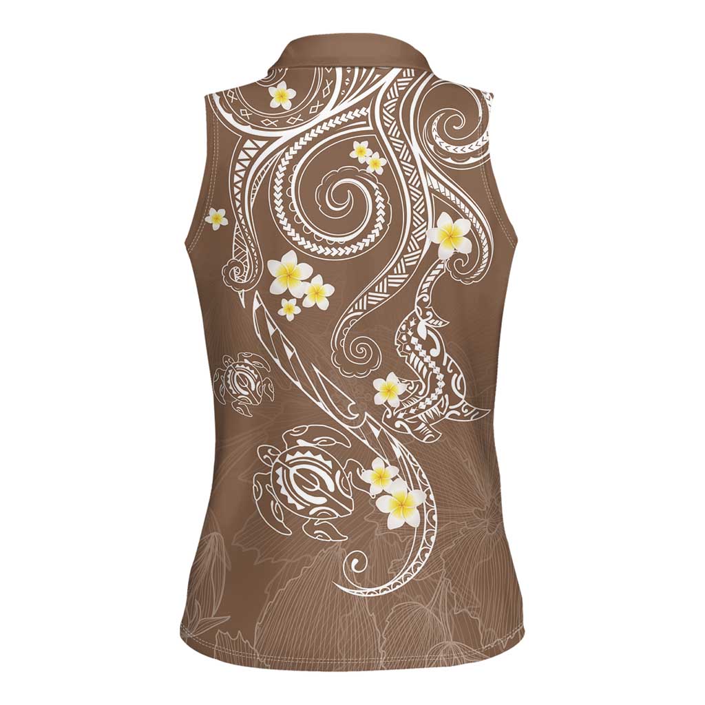 Polynesia Tribal Women Sleeveless Polo Shirt Mocha Plumeria Tentacles