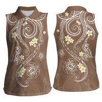 Polynesia Tribal Women Sleeveless Polo Shirt Mocha Plumeria Tentacles