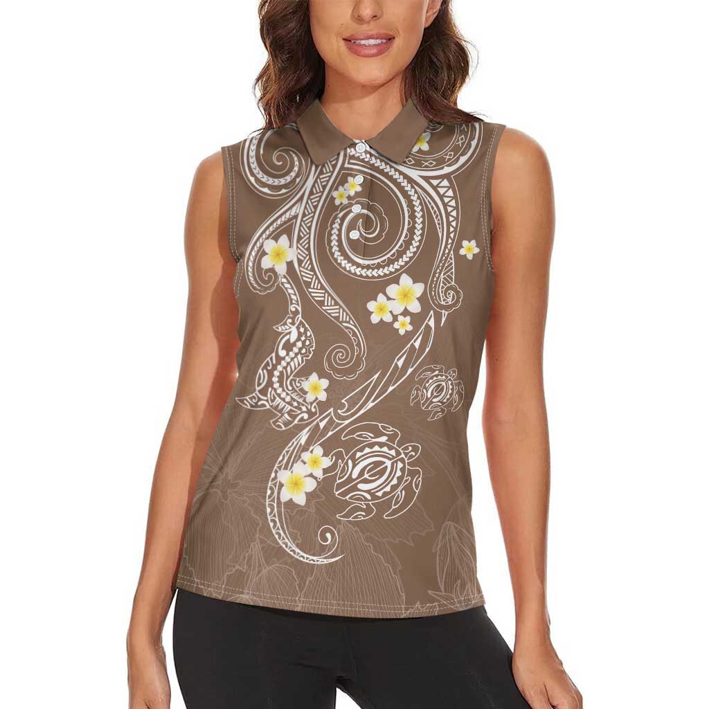 Polynesia Tribal Women Sleeveless Polo Shirt Mocha Plumeria Tentacles