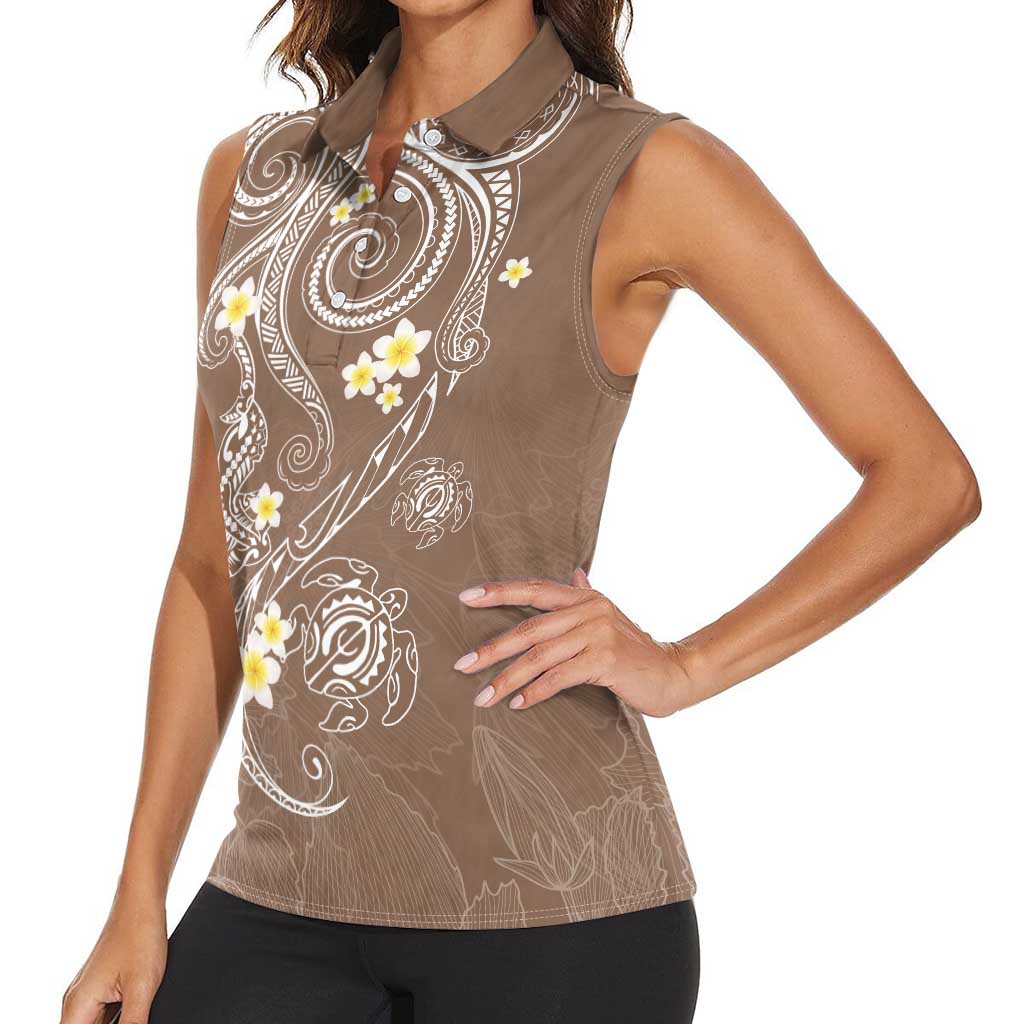 Polynesia Tribal Women Sleeveless Polo Shirt Mocha Plumeria Tentacles