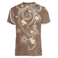 Polynesia Tribal Women V-Neck T-Shirt Mocha Plumeria Tentacles