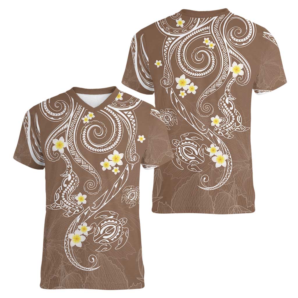 Polynesia Tribal Women V-Neck T-Shirt Mocha Plumeria Tentacles