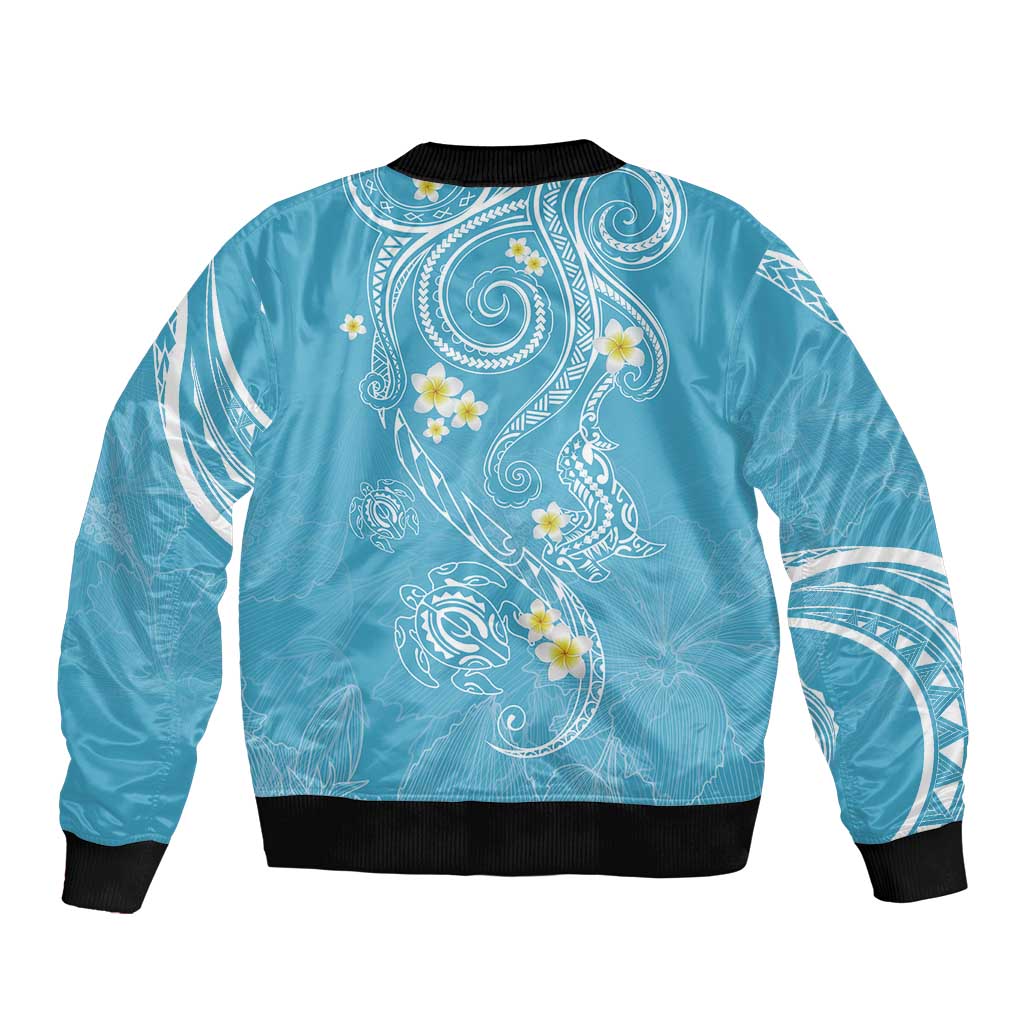 Polynesia Tribal Bomber Jacket Turquoise Plumeria Tentacles