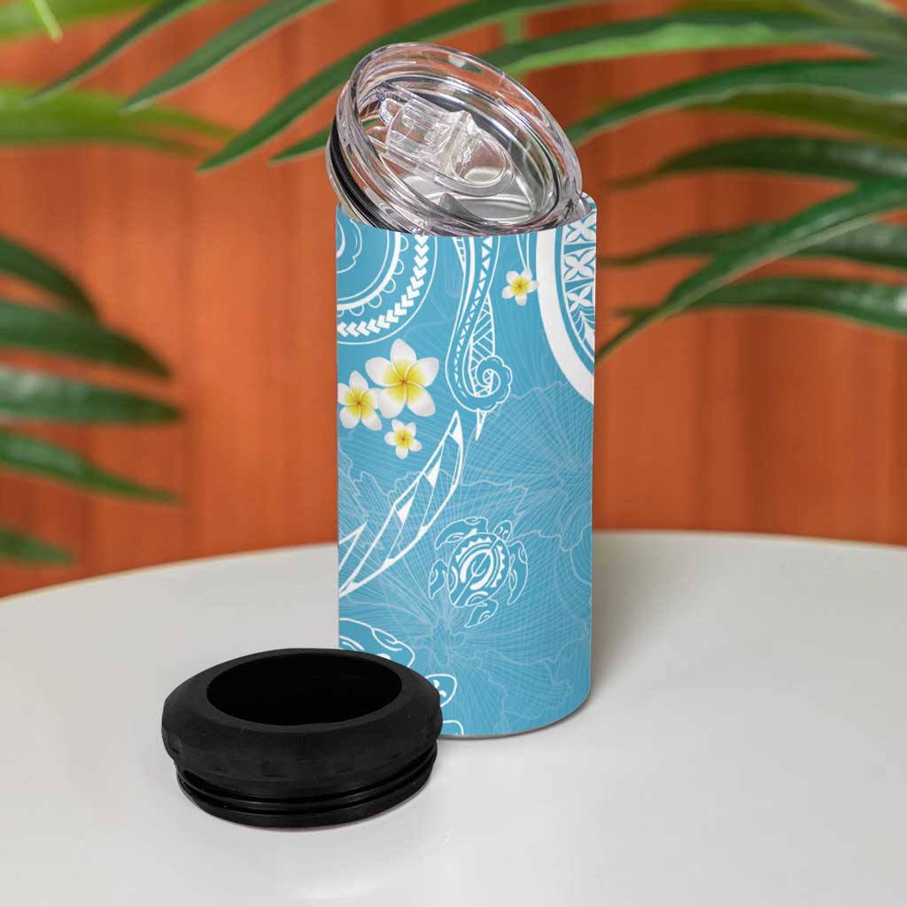 Polynesia Tribal 4 in 1 Can Cooler Tumbler Turquoise Plumeria Tentacles