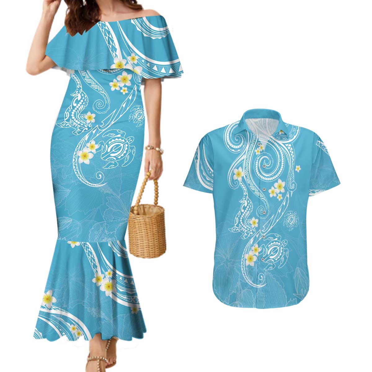 Polynesia Tribal Couples Matching Mermaid Dress and Hawaiian Shirt Turquoise Plumeria Tentacles