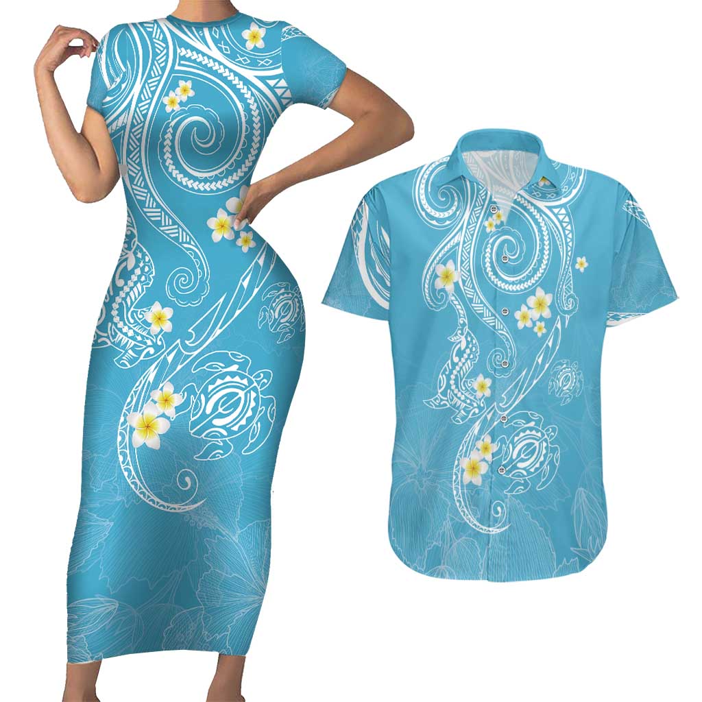 Polynesia Tribal Couples Matching Short Sleeve Bodycon Dress and Hawaiian Shirt Turquoise Plumeria Tentacles