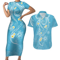Polynesia Tribal Couples Matching Short Sleeve Bodycon Dress and Hawaiian Shirt Turquoise Plumeria Tentacles