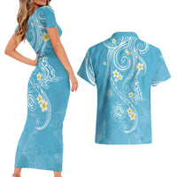 Polynesia Tribal Couples Matching Short Sleeve Bodycon Dress and Hawaiian Shirt Turquoise Plumeria Tentacles