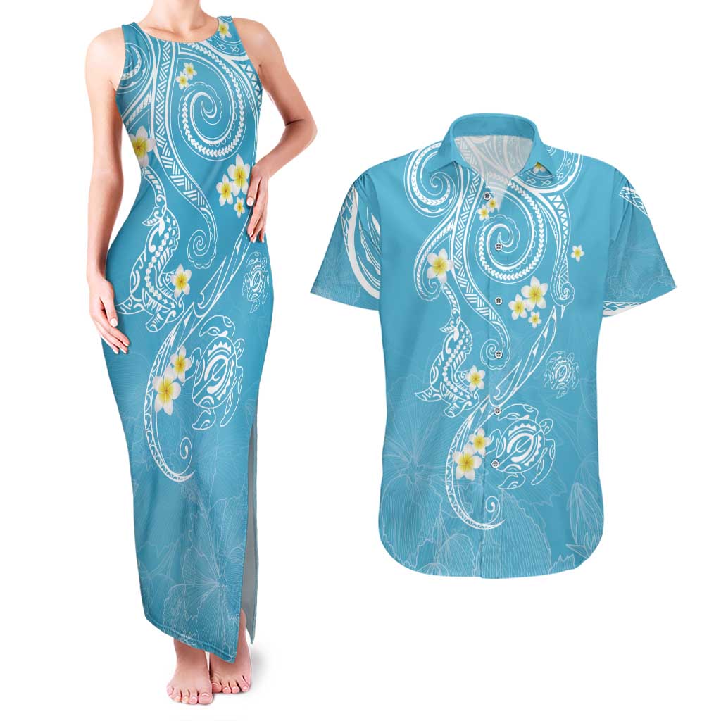 Polynesia Tribal Couples Matching Tank Maxi Dress and Hawaiian Shirt Turquoise Plumeria Tentacles