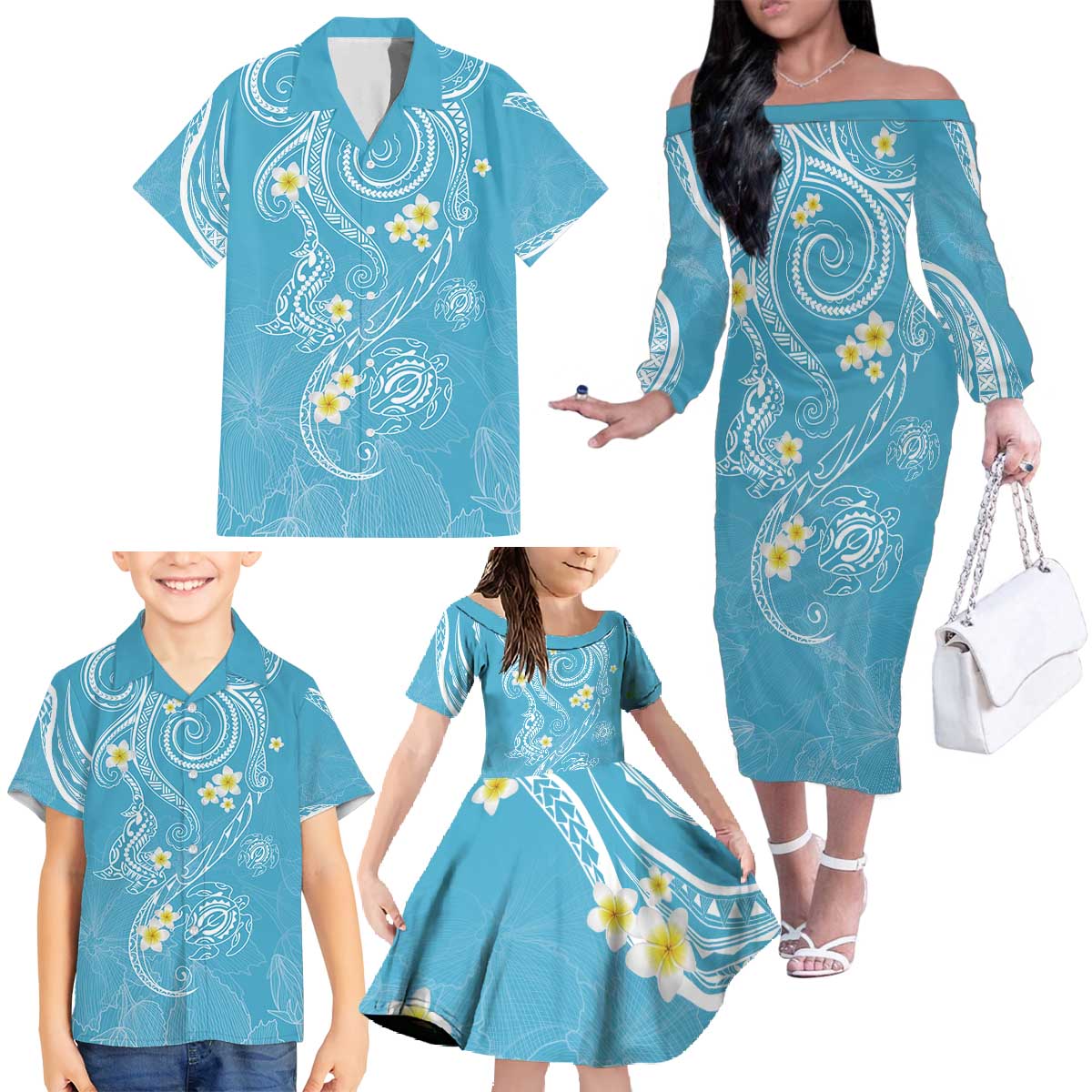 Polynesia Tribal Family Matching Off The Shoulder Long Sleeve Dress and Hawaiian Shirt Turquoise Plumeria Tentacles