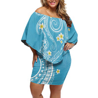 Polynesia Tribal Family Matching Off Shoulder Short Dress and Hawaiian Shirt Turquoise Plumeria Tentacles
