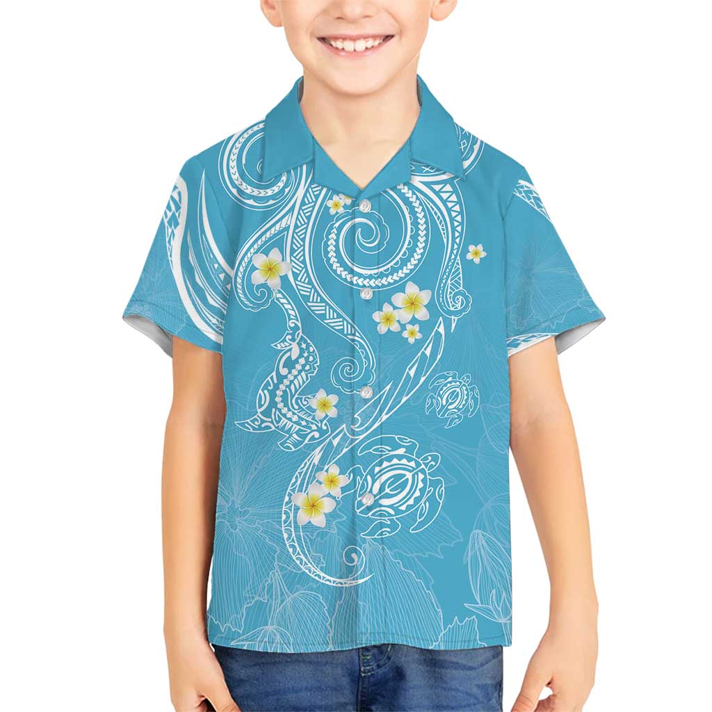 Polynesia Tribal Family Matching Off Shoulder Short Dress and Hawaiian Shirt Turquoise Plumeria Tentacles