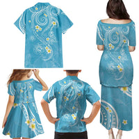 Polynesia Tribal Family Matching Puletasi and Hawaiian Shirt Turquoise Plumeria Tentacles
