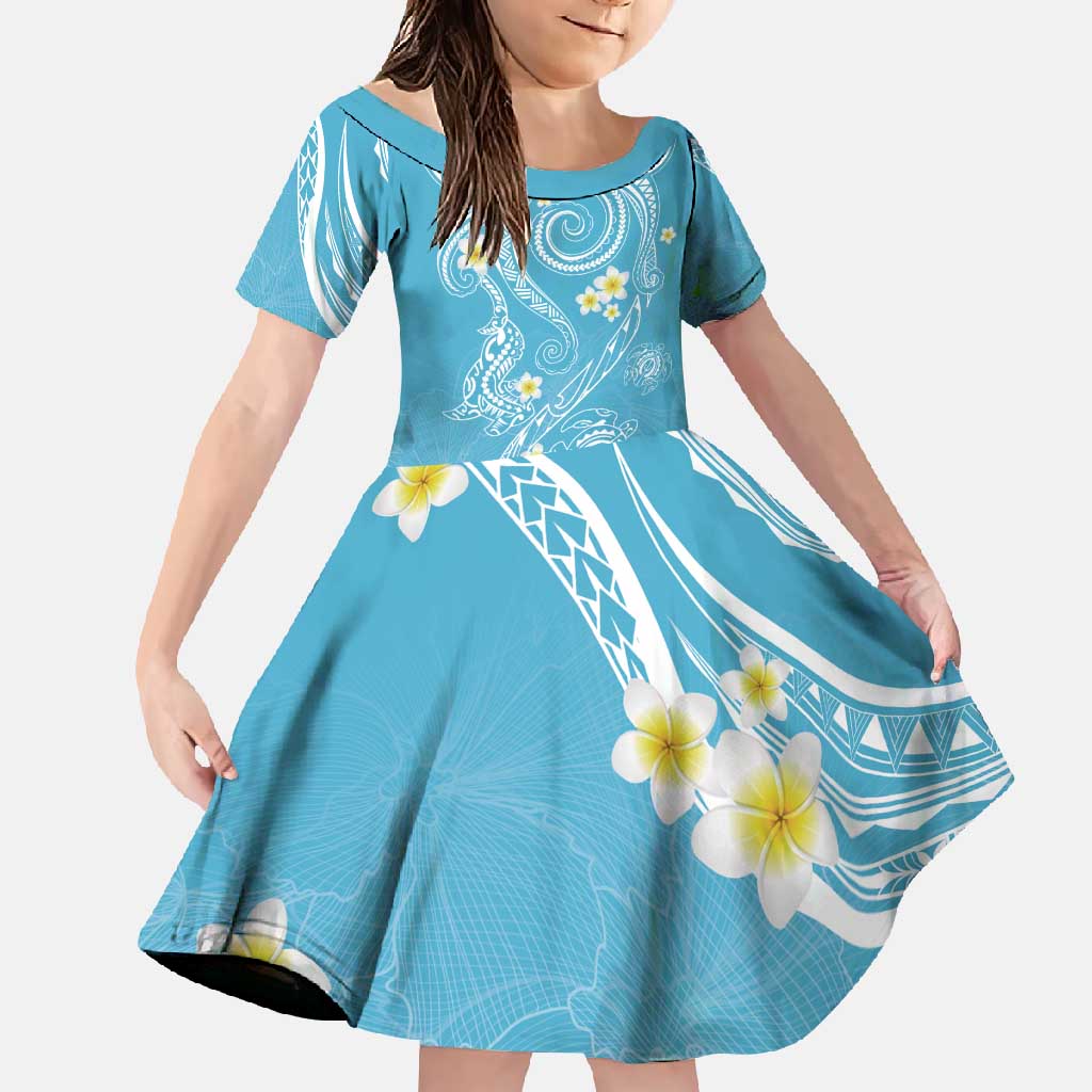 Polynesia Tribal Family Matching Short Sleeve Bodycon Dress and Hawaiian Shirt Turquoise Plumeria Tentacles