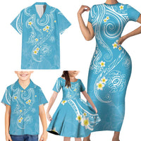 Polynesia Tribal Family Matching Short Sleeve Bodycon Dress and Hawaiian Shirt Turquoise Plumeria Tentacles