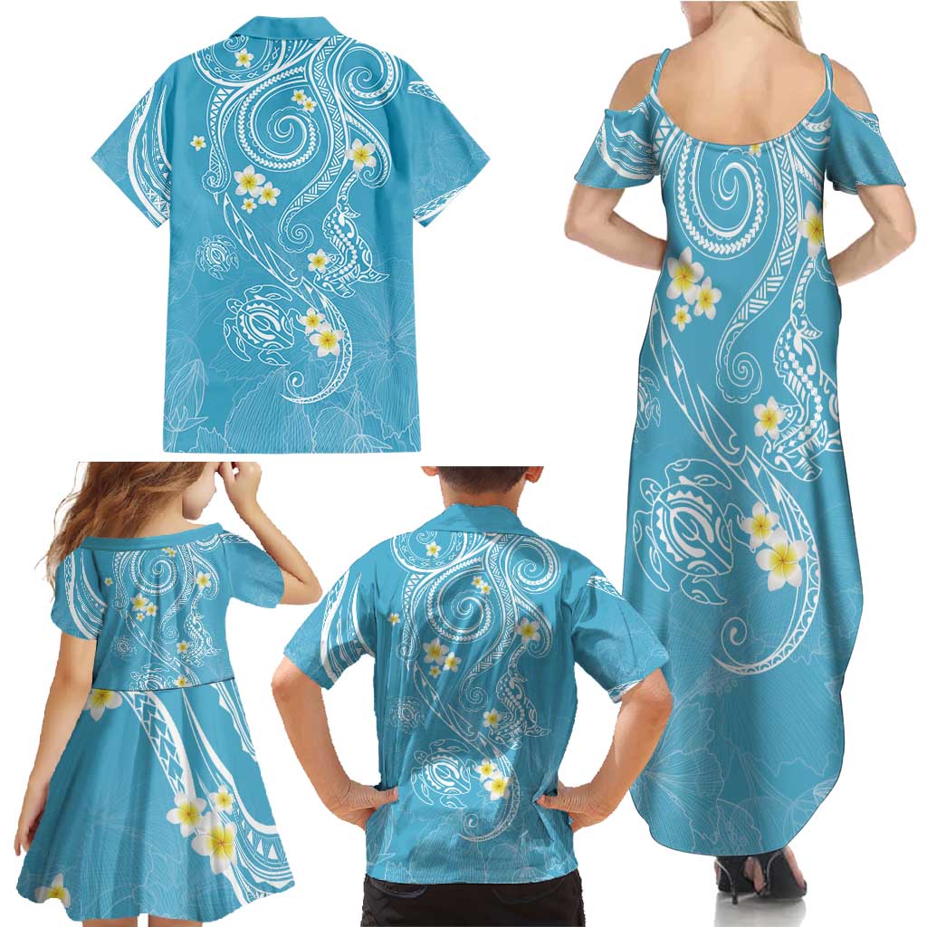 Polynesia Tribal Family Matching Summer Maxi Dress and Hawaiian Shirt Turquoise Plumeria Tentacles