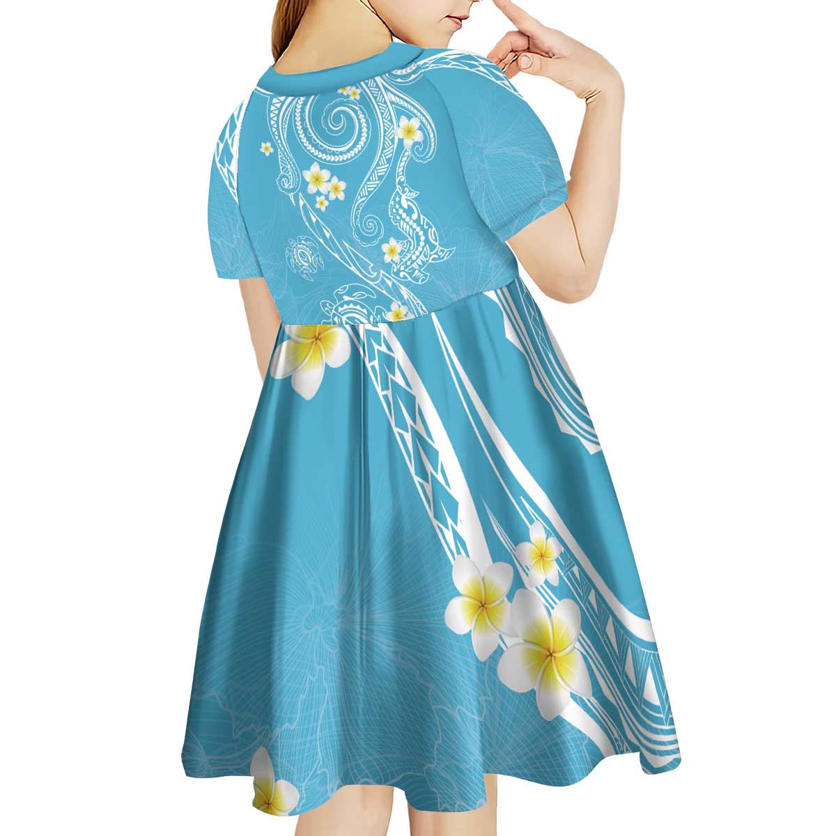 Polynesia Tribal Kid Short Sleeve Dress Turquoise Plumeria Tentacles