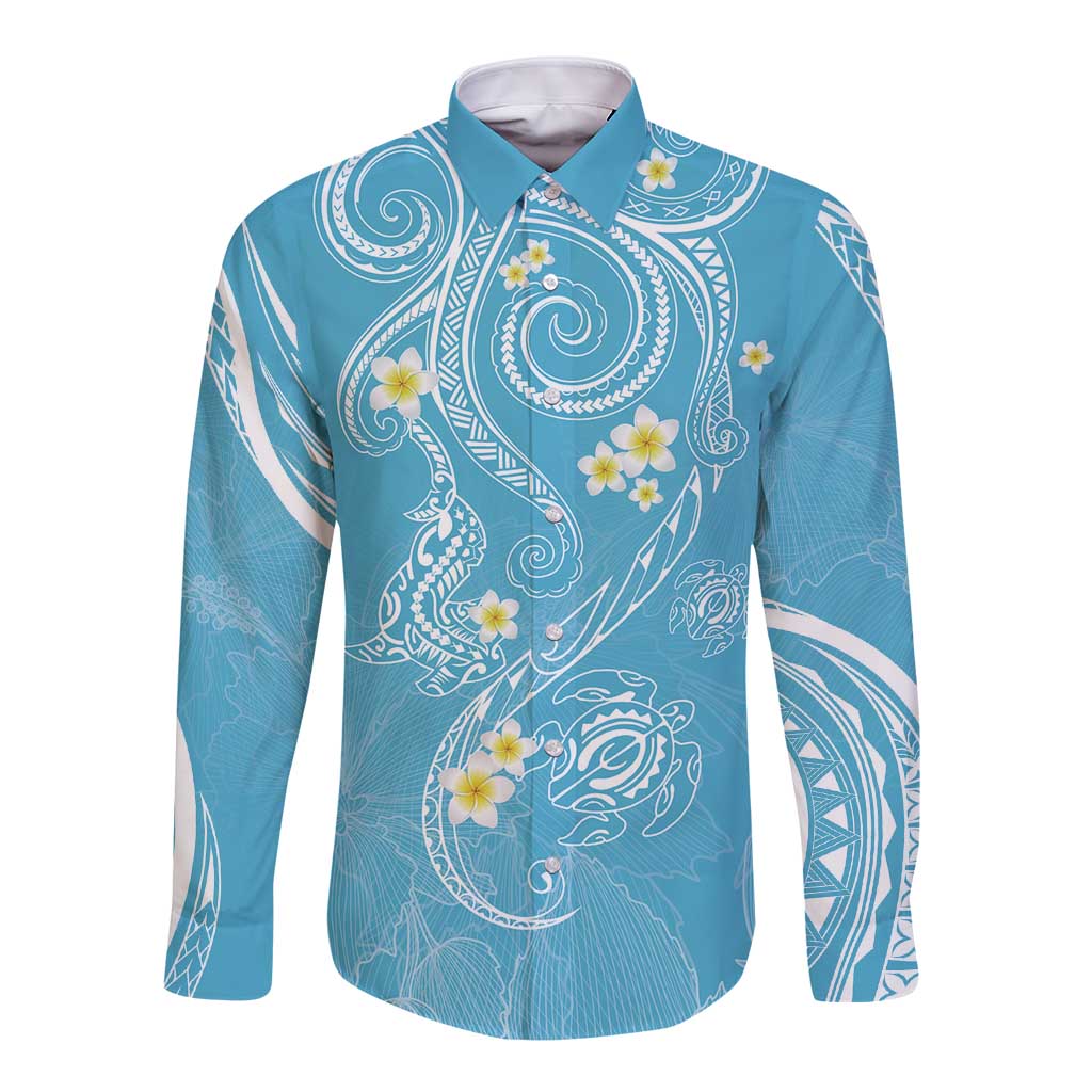 Polynesia Tribal Long Sleeve Button Shirt Turquoise Plumeria Tentacles