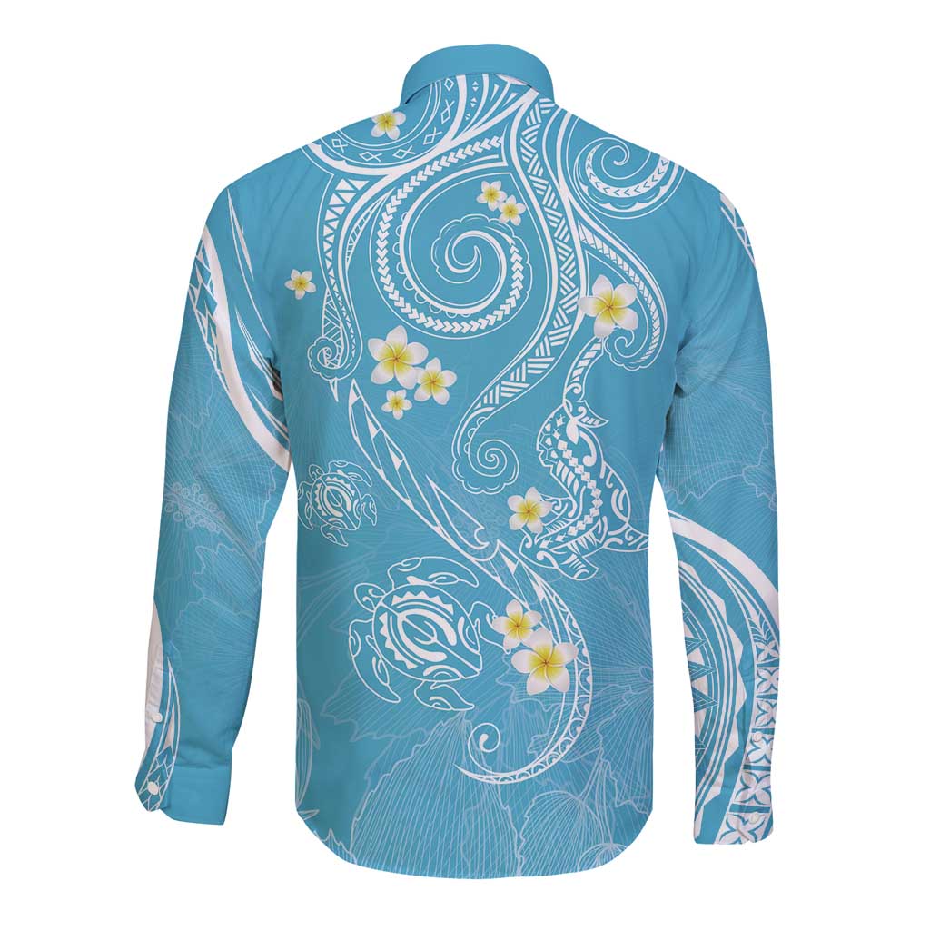 Polynesia Tribal Long Sleeve Button Shirt Turquoise Plumeria Tentacles