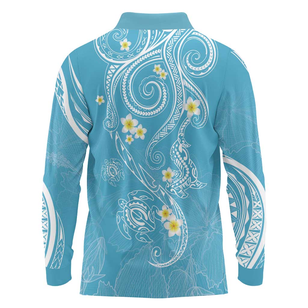 Polynesia Tribal Long Sleeve Polo Shirt Turquoise Plumeria Tentacles