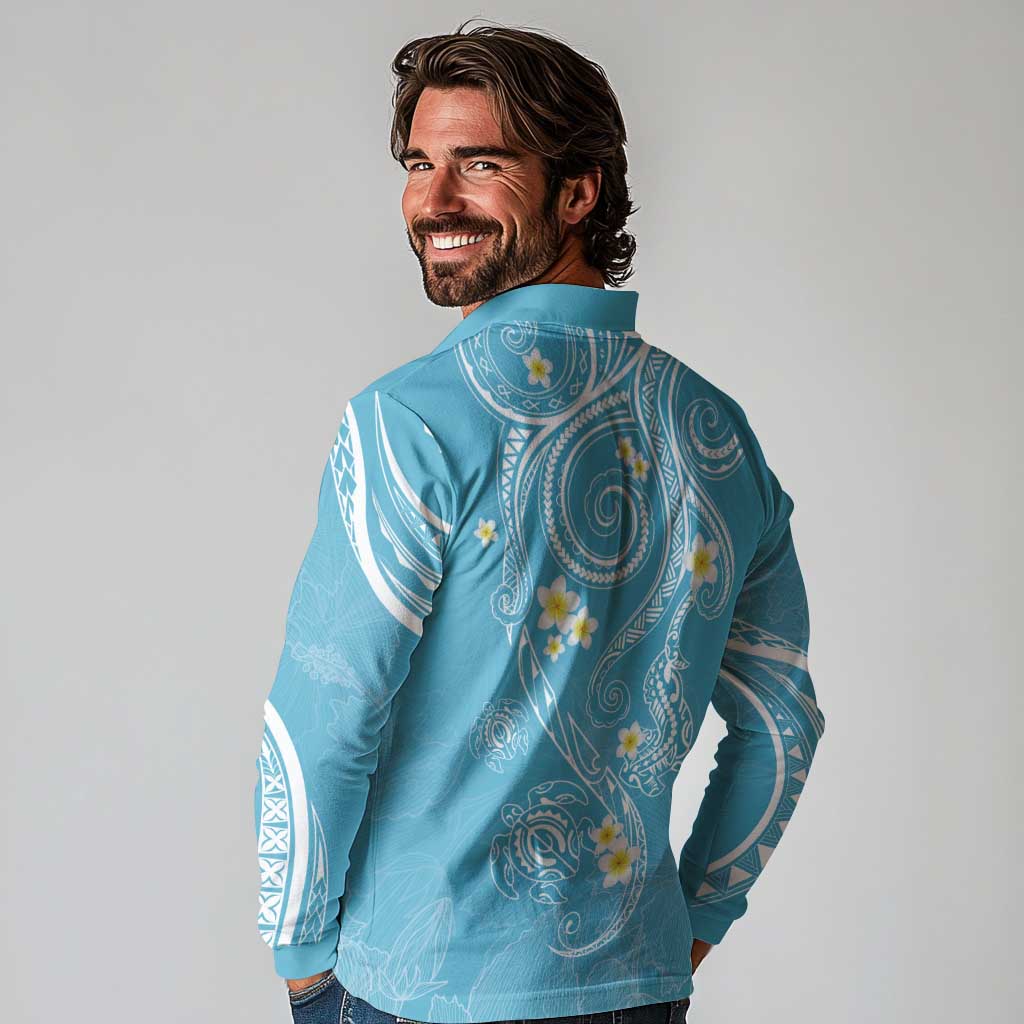 Polynesia Tribal Long Sleeve Polo Shirt Turquoise Plumeria Tentacles