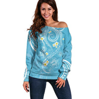 Polynesia Tribal Off Shoulder Sweater Turquoise Plumeria Tentacles