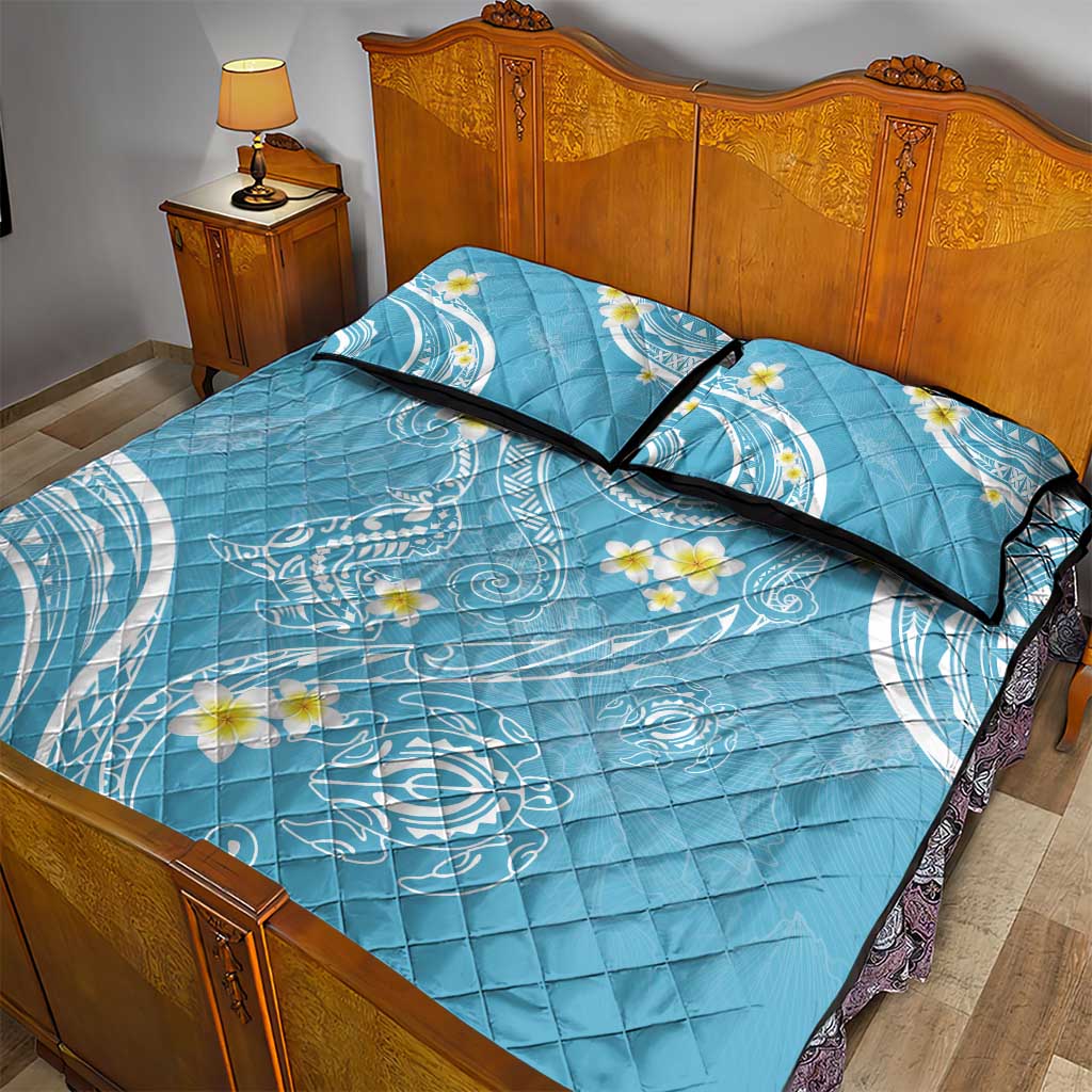 Polynesia Tribal Quilt Bed Set Turquoise Plumeria Tentacles
