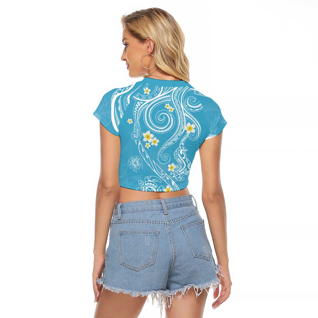 Polynesia Tribal Raglan Cropped T Shirt Turquoise Plumeria Tentacles
