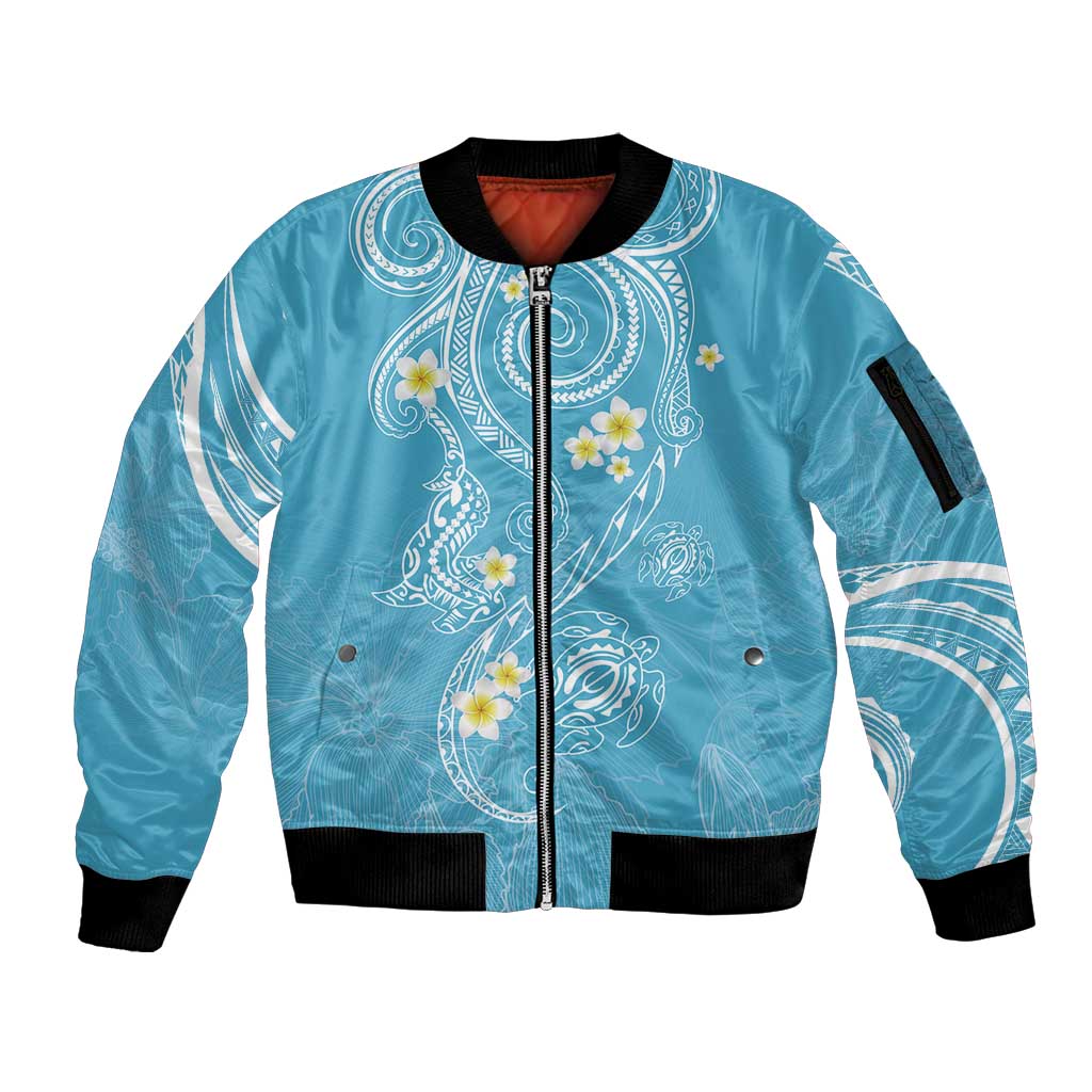Polynesia Tribal Sleeve Zip Bomber Jacket Turquoise Plumeria Tentacles