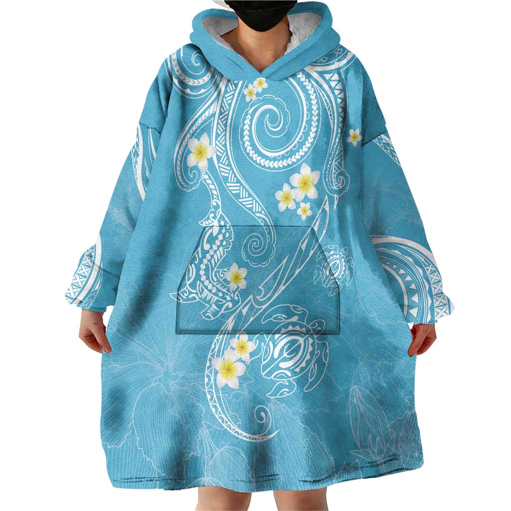 Polynesia Tribal Wearable Blanket Hoodie Turquoise Plumeria Tentacles