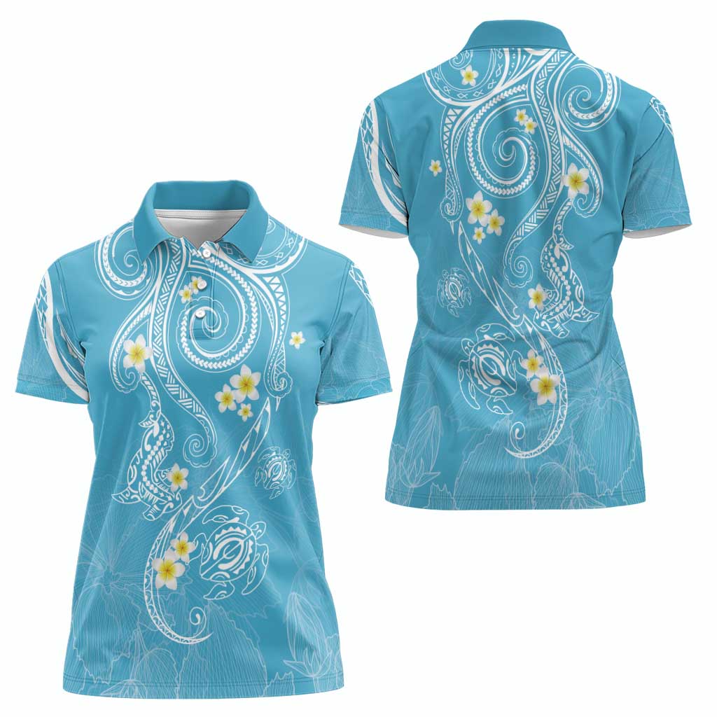 Polynesia Tribal Women Polo Shirt Turquoise Plumeria Tentacles