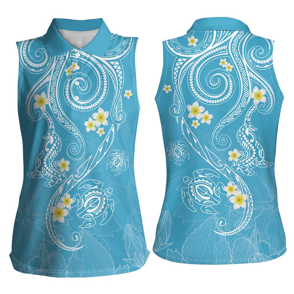 Polynesia Tribal Women Sleeveless Polo Shirt Turquoise Plumeria Tentacles
