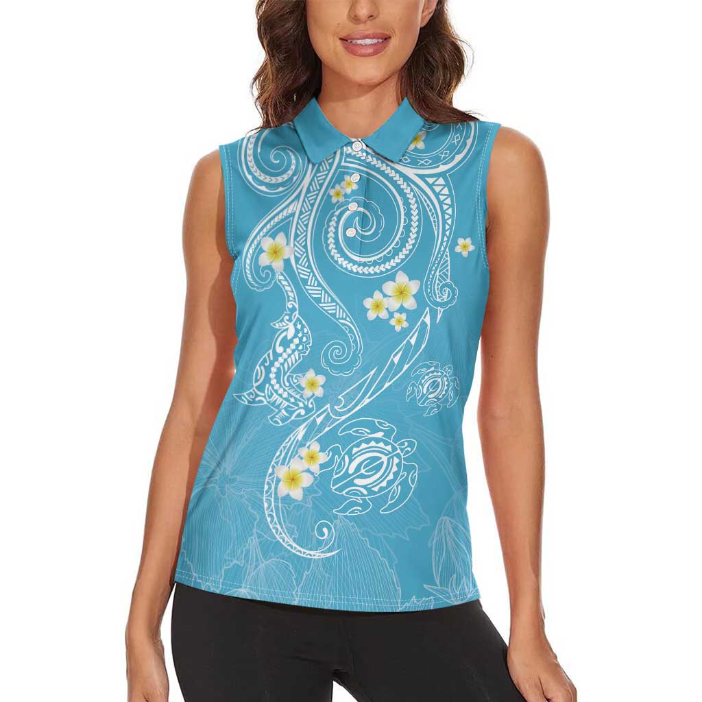 Polynesia Tribal Women Sleeveless Polo Shirt Turquoise Plumeria Tentacles