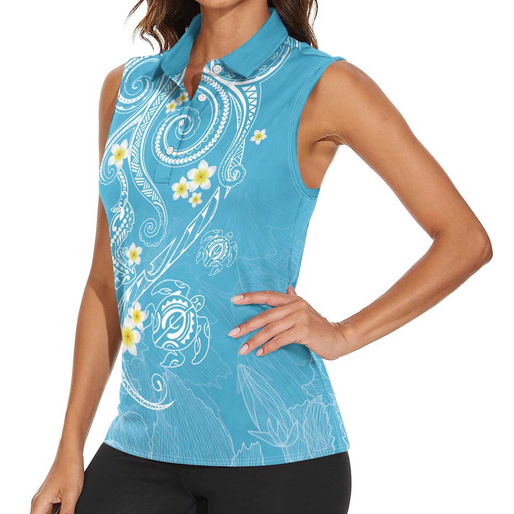 Polynesia Tribal Women Sleeveless Polo Shirt Turquoise Plumeria Tentacles