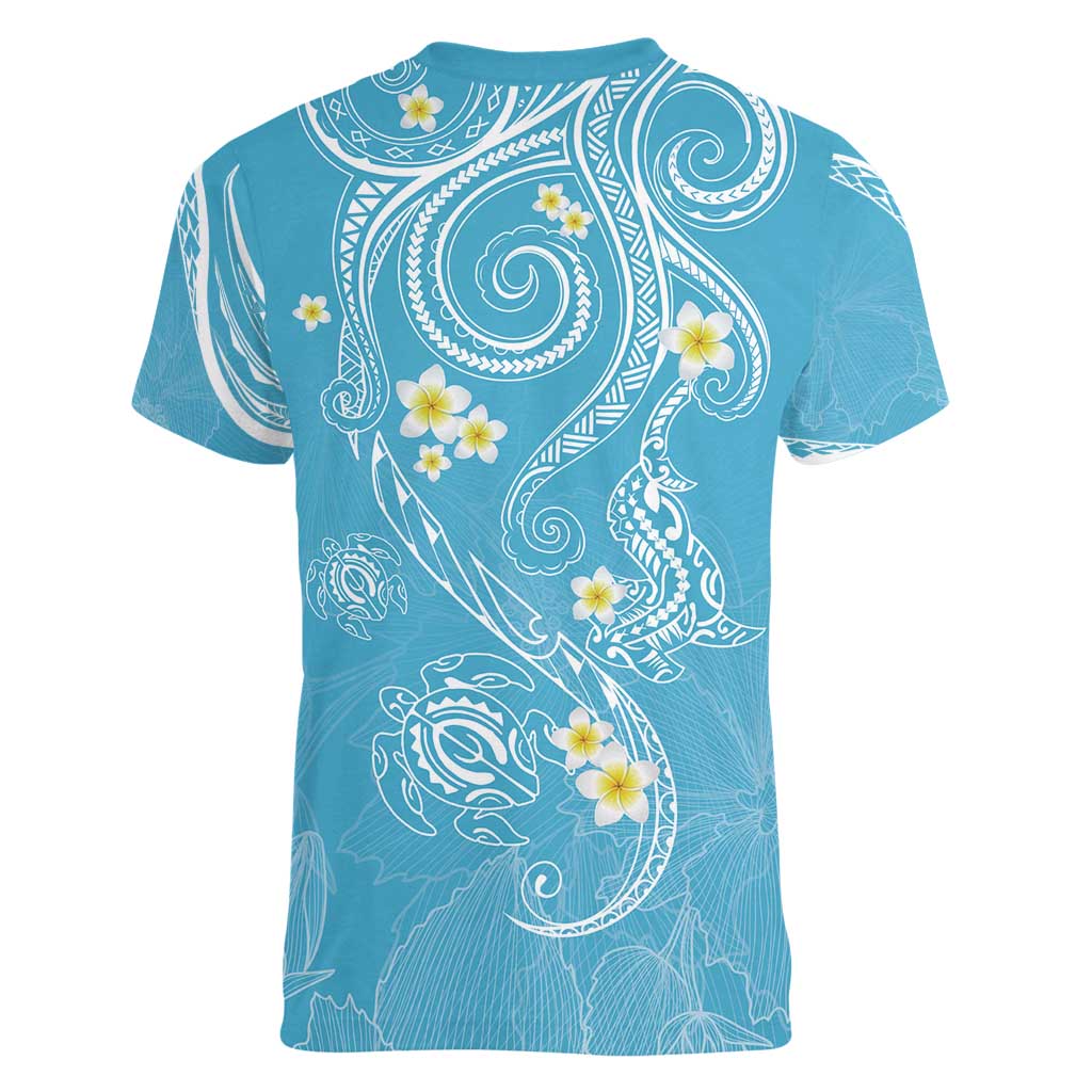 Polynesia Tribal Women V-Neck T-Shirt Turquoise Plumeria Tentacles