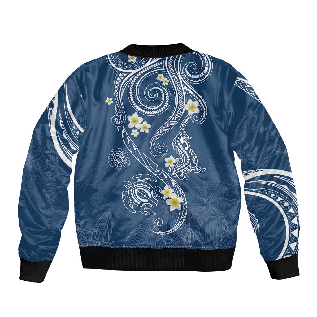 Polynesia Tribal Bomber Jacket Deep Blue Plumeria Tentacles
